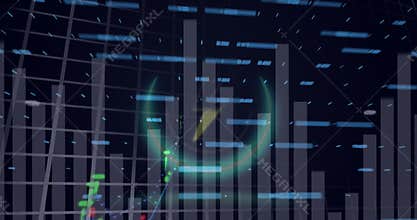 Animation of financial and statistical data processing over thunderbolt icon on black background
