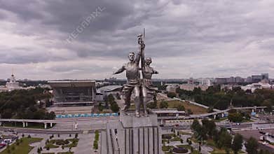 Moscow, Russia-May 2016:Establishing shot on the famous monument Worker and Collective Farmer on the territory of VDNKh