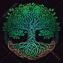 Celtic Tree of Life and Death Symbol in Vivid Emerald Colors, generative ai