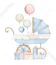 Watercolor childish Pram with air balloons and presents for Baby Shower. Hand drawn watercolor illustration of vintage