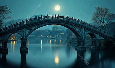 A serene arched bridge at night, under a full moon