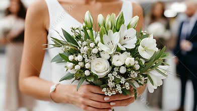 Woman in a white dress holding a bouquet of white roses, lilies, and green foliage at a wedding.