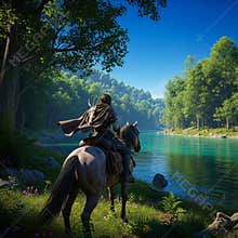 An AI generated image of a lonely medieval fantasy traveller riding a horse in forested wilderness