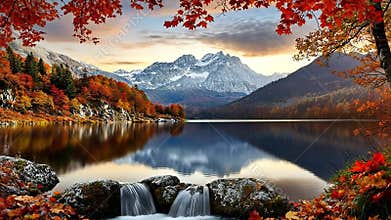 Serene autumn lake reflecting snowy mountains, vibrant foliage frames a small waterfall at sunset