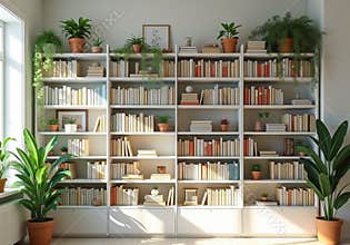 Organized Bookshelf: Neatly Arranged Books and Plants in a Cozy Reading Nook