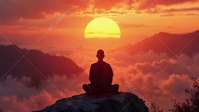 Buddhist monk meditating on the mountain at dawn. Spiritual contemplation with breathtaking scenery. Concept of Buddhism, prayer