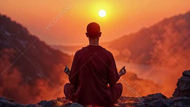 Buddhist monk meditating on the mountain at dawn. Spiritual contemplation with breathtaking scenery. Concept of Buddhism, prayer