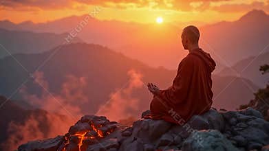 Buddhist monk meditating on the mountain at dawn. Spiritual contemplation with breathtaking scenery. Concept of Buddhism, prayer