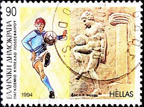1994 Greek stamp: Football player and ancient figure. 90 Drachma.