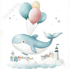 Baby clip art with watercolor flying whales, lighthouses, and air balloons. Stock illustration for children.