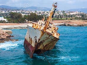 Aerial View of Edro III Shipwreck Surrounded by Mediterranean Waters