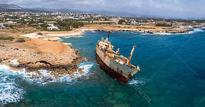 Aerial View of Edro III Shipwreck Near Rocky Coastline in Cyprus