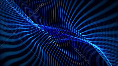 Seamless loop animation of glowing blue string waves slowly float on a dark background