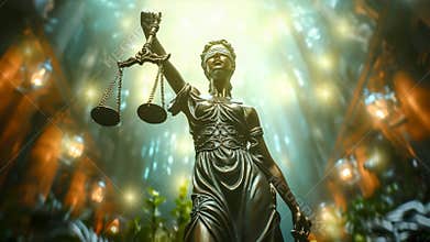 Fantasy-style Lady Justice statue holding scales in glowing forest temple