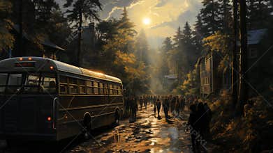 Mystical Forest Journey : The Bus Arrival at Sunset Ai Generative