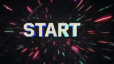 Pixelated START text animations against streaking lights, evoking retro game aesthetics