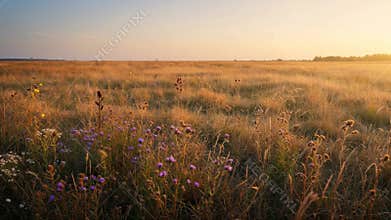 Vibrant Meadow with Golden Sunset Sky and Purple Wildflowers in Rural Scenery