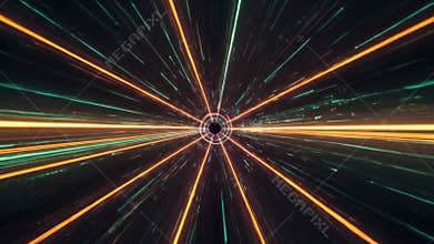 Abstract Orange and Teal Light Streaks Create a Warp Speed Tunnel Effect