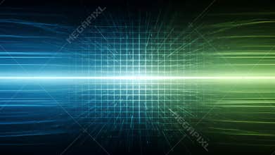 Abstract Blue and Green Technological Grid Background with Bright Lines and Dots