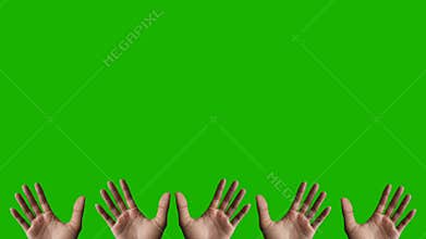 Animated of multiple open hands with visible palm injuries are raised against a solid green background.