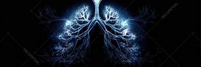 Artistic Glowing Anatomy Overlay Showcasing Lung Structure With Elegant Center Fade-Out Effect in Dark Background