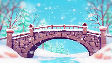 Frosty Passageway: A Stonework Cartoon Bridge Gracefully Arched Over a Stream in Winter