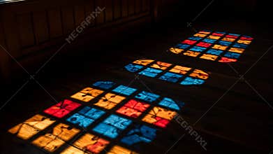 Stained glass reflections on wooden floor in dimly lit interior