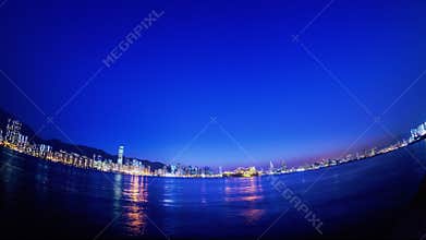 Beautiful Hong Kong Sunset City View. HD Fisheye Timelapse.