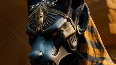 Ancient Egyptian Anubis statue with jackal head, adorned in gold and blue ceremonial headdress. Mystical and regal figure