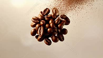High Angle of Roasted Coffee Beans Falling Against Cream Background Coffee Aroma Perfect Ingredient for Beverages Drink and Food