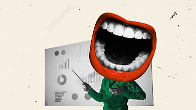 Stop motion. Animation. Business professional with oversized mouth, with aggressive expression presenting data. Concept of