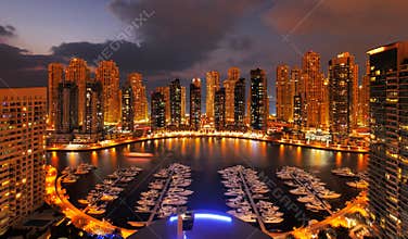 Dubai Marina at Dusk showing numerous skyscrapers of JLT