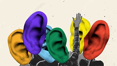 Creative stop motion. Animation. Raised hands among colorful oversized ears against textured background. Concept of active