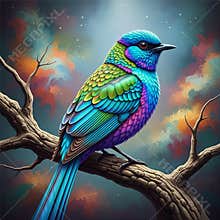 An AI generated image of colorful bird perching on a branch in forest