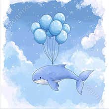 The composition is a beautiful clip art piece featuring a cute baby, a watercolor flying whale, and air balloons
