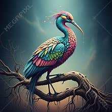 An AI generated image of colorful bird perching on a branch in forest