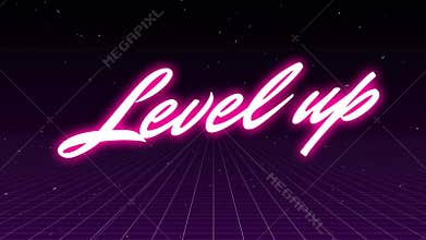 After grid pause, neon pink cursive text appearing, glitching into "Level up" signaling upgrade
