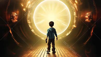 Child\'s Journey : Stepping Jump Through a Cosmic Portal Ai Generative