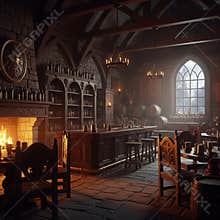 An AI generated image of a cozy medieval fantasy tavern interior