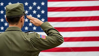 Soldier in military uniform saluting in front of large American flag symbolizing national pride, honor, respect patriotism. USA