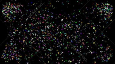 Many random letters with various colors and sizes exploding from all corners on