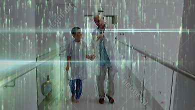 Doctor with stethoscope holding child hand and guiding steps down hospital corridor boosting trust