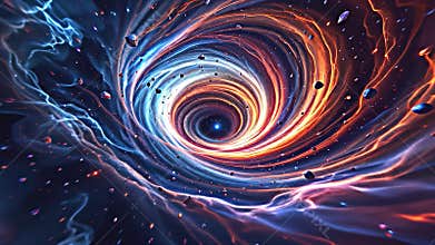 A swirling vortex of iridescent gases forms the heart of a nebula, streaked with electric blues, violets, and deep Generative AI