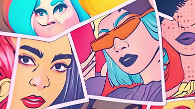 Colorful portraits of women with vibrant hair and makeup, animation overlaid with bold lines