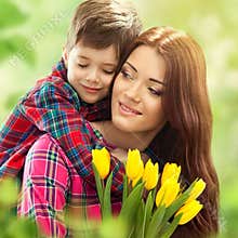 Spring portrait of mother and son on Mother's Day