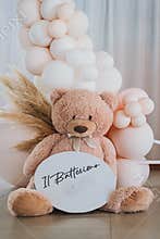 Teddy Bear with Baptism Sign and Pastel Balloons