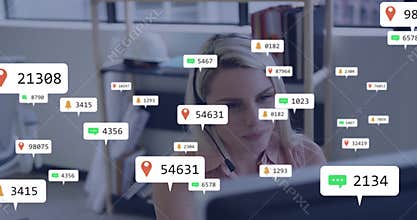woman managing customer service chats at call center desk, with floating chat pin bell icons