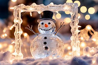 Beautiful glass and ice snowman illuminated by soft lights in a winter wonderland setting