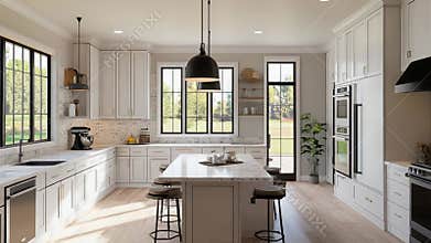 Modern farmhouse kitchen with island and large windows illuminating the room