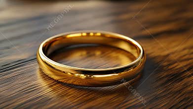 Golden ring resting on wooden table, symbol of commitment and everlasting love